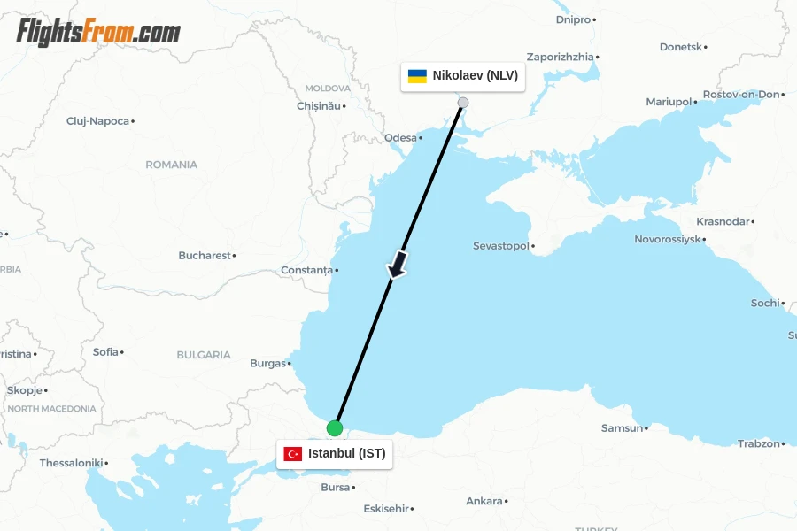 Flights from Nikolaev to Istanbul route map