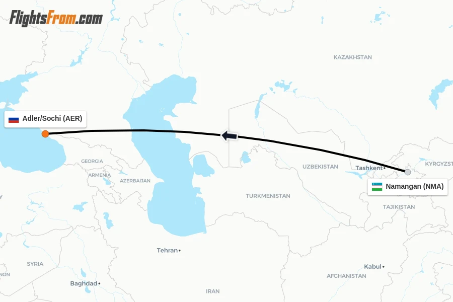 Flights from Namangan to Adler/Sochi route map