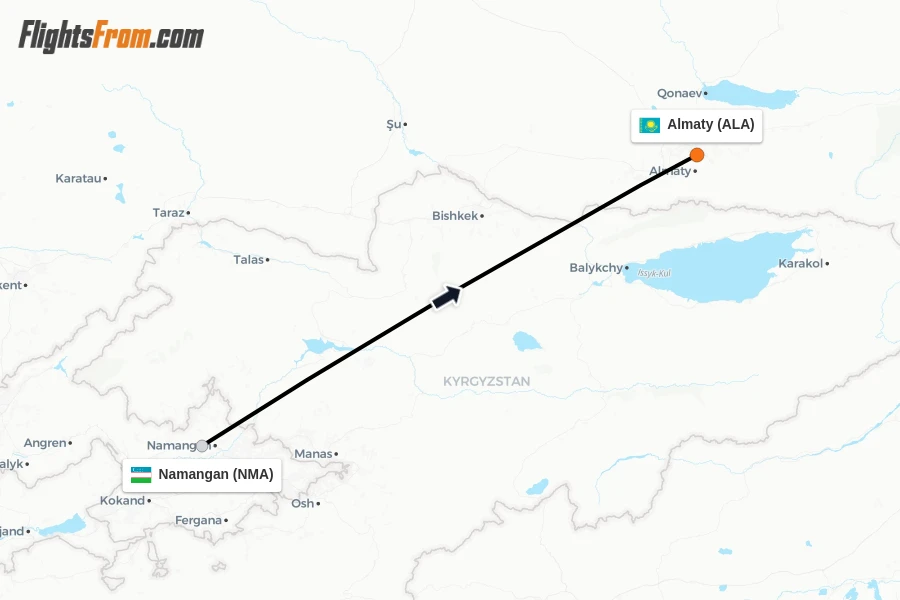 Flights from Namangan to Almaty route map