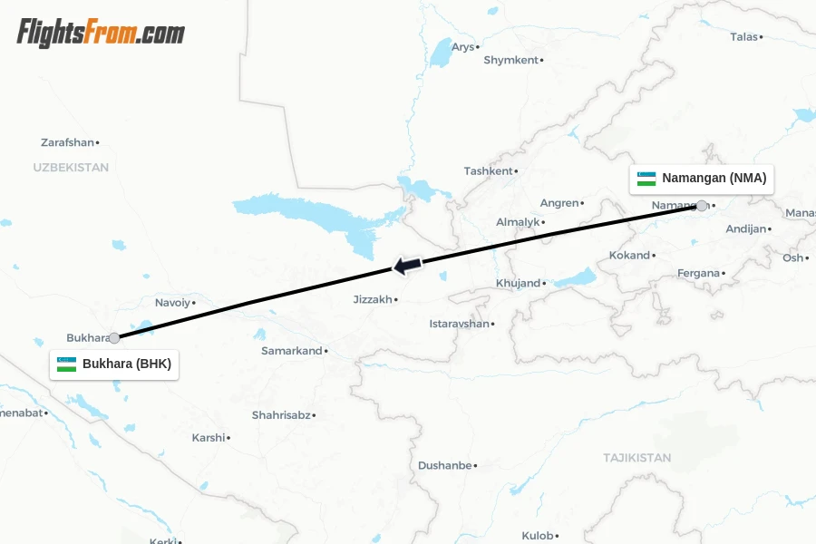 Flights from Namangan to Bukhara route map