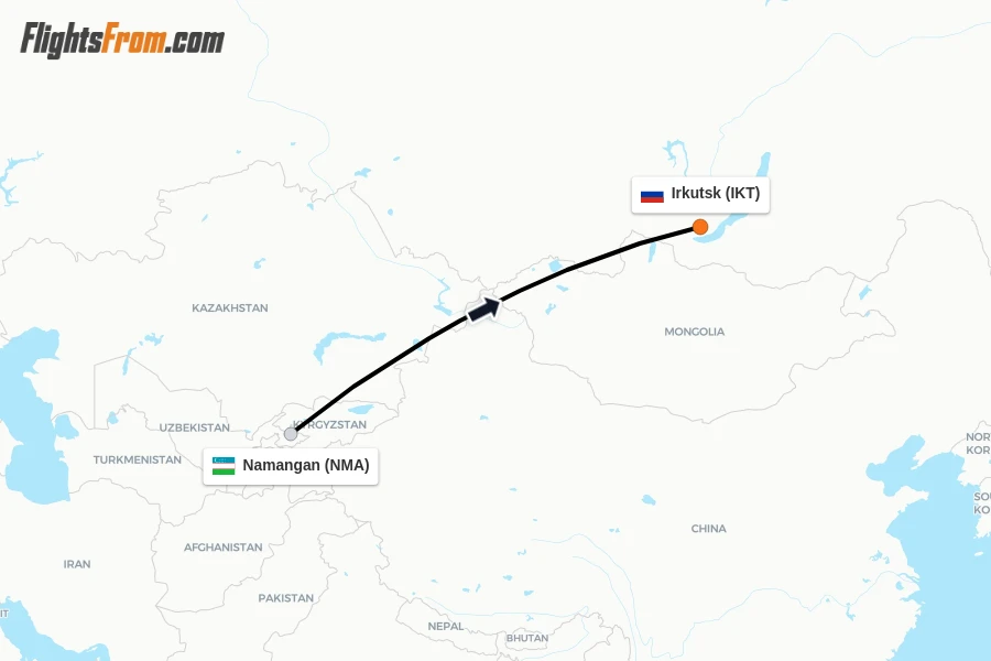 Flights from Namangan to Irkutsk route map