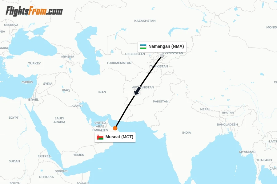 Flights from Namangan to Muscat route map