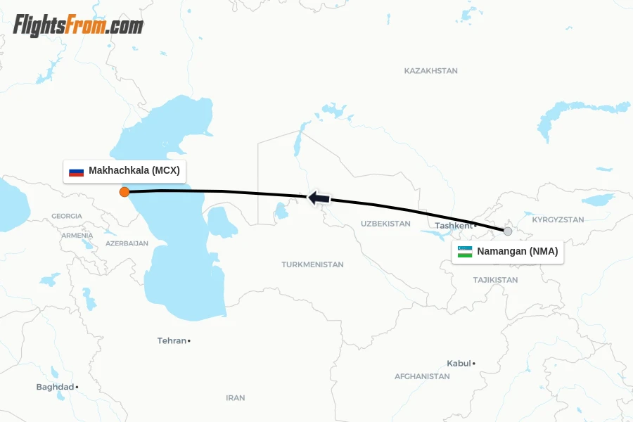 Flights from Namangan to Makhachkala route map