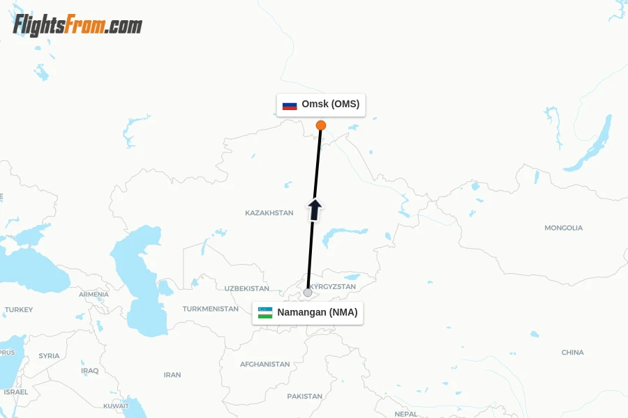 Flights from Namangan to Omsk route map
