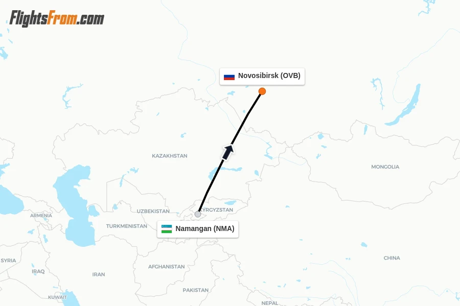 Flights from Namangan to Novosibirsk route map