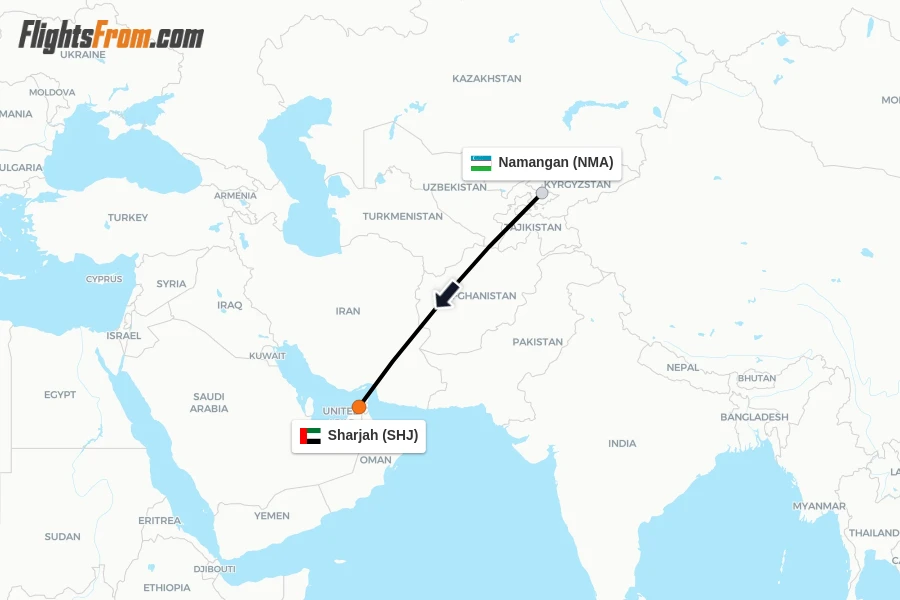 Flights from Namangan to Sharjah route map