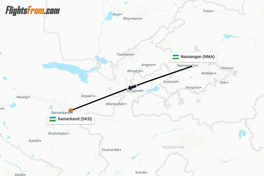 Flights from Namangan to Samarkand route map