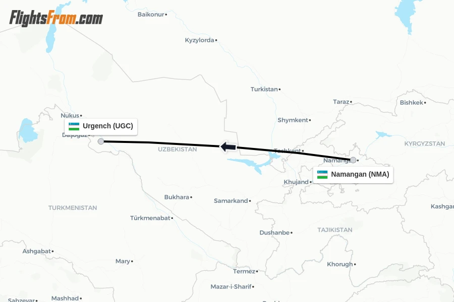 Flights from Namangan to Urgench route map