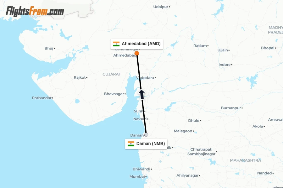 Flights from Daman to Ahmedabad route map