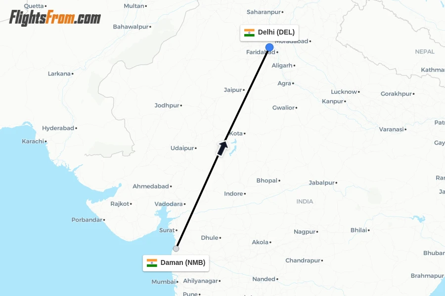 Flights from Daman to Delhi route map