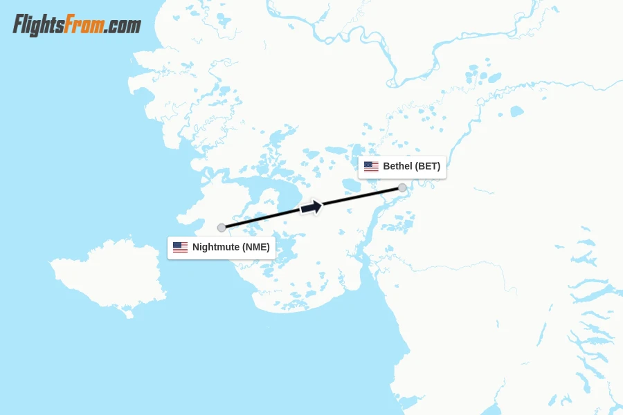 Flights from Nightmute to Bethel route map