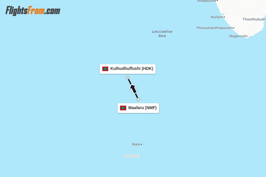 Flights from Maafaru to Kulhudhuffushi route map