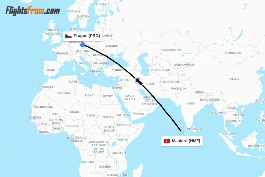Flights from Maafaru to Prague route map