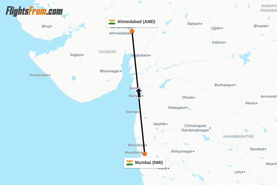 Flights from Mumbai to Ahmedabad route map