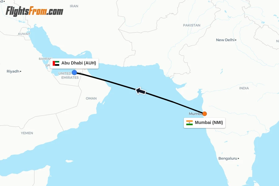 Flights from Mumbai to Abu Dhabi route map