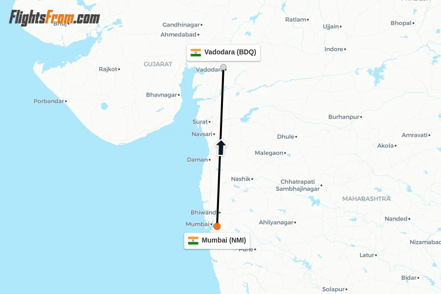 Flights from Mumbai to Vadodara route map