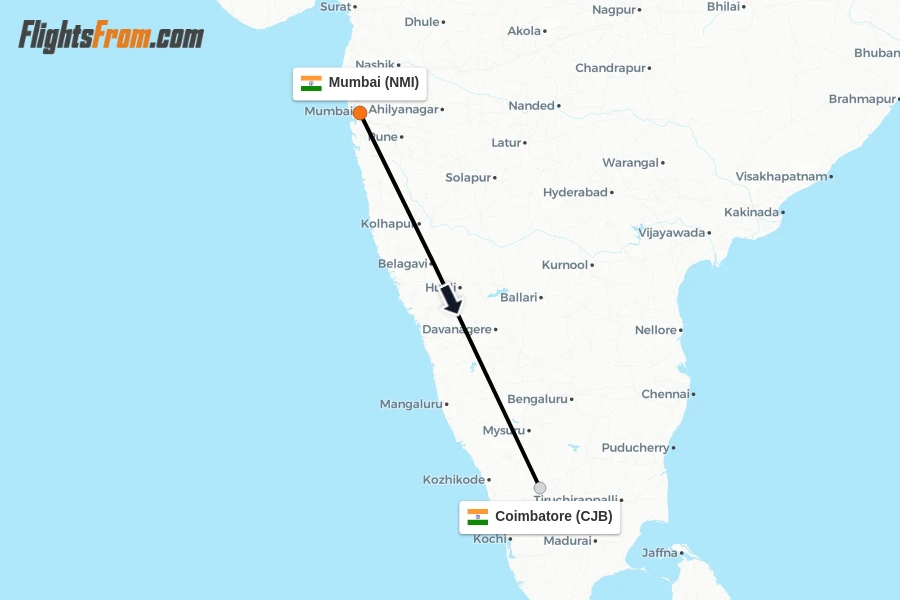 Flights from Mumbai to Coimbatore route map