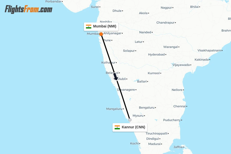 Flights from Mumbai to Kannur route map