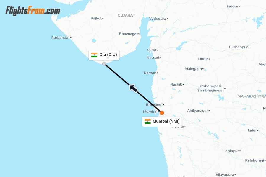 Flights from Mumbai to Diu route map