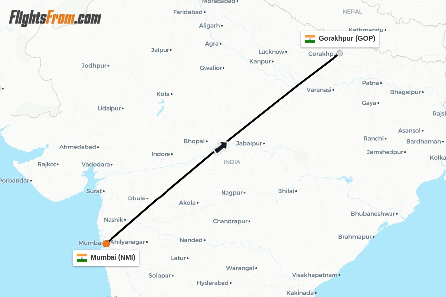 Flights from Mumbai to Gorakhpur route map
