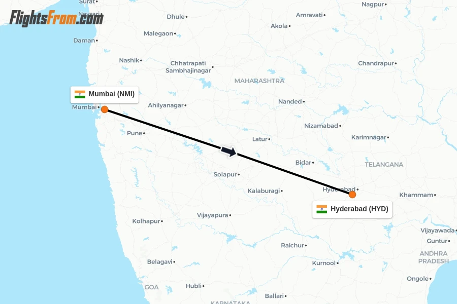 Flights from Mumbai to Hyderabad route map