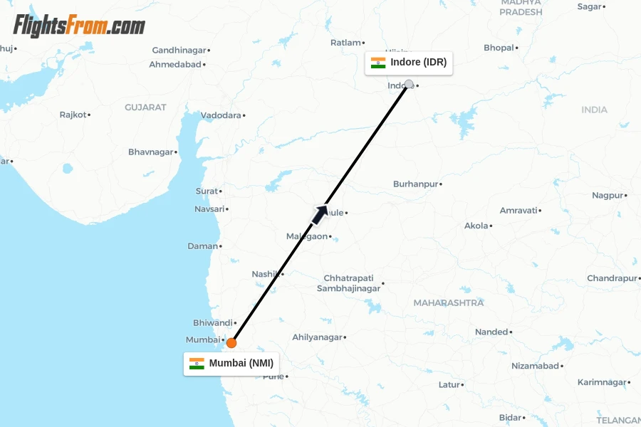 Flights from Mumbai to Indore route map