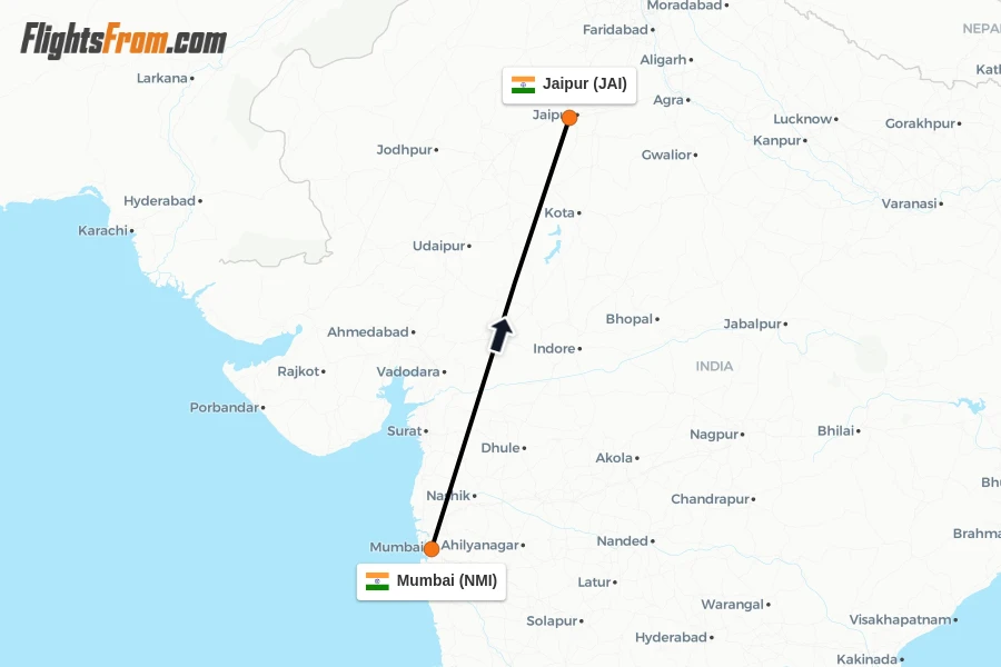 Flights from Mumbai to Jaipur route map