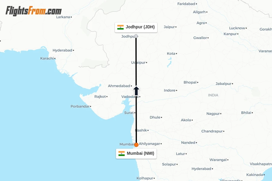 Flights from Mumbai to Jodhpur route map