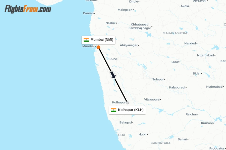 Flights from Mumbai to Kolhapur route map