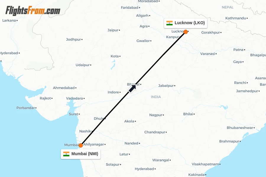 Flights from Mumbai to Lucknow route map