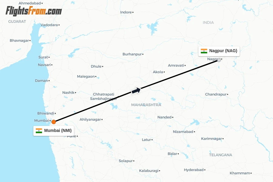 Flights from Mumbai to Nagpur route map