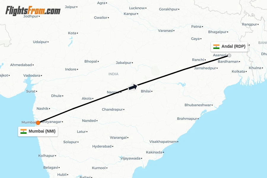 Flights from Mumbai to Andal route map