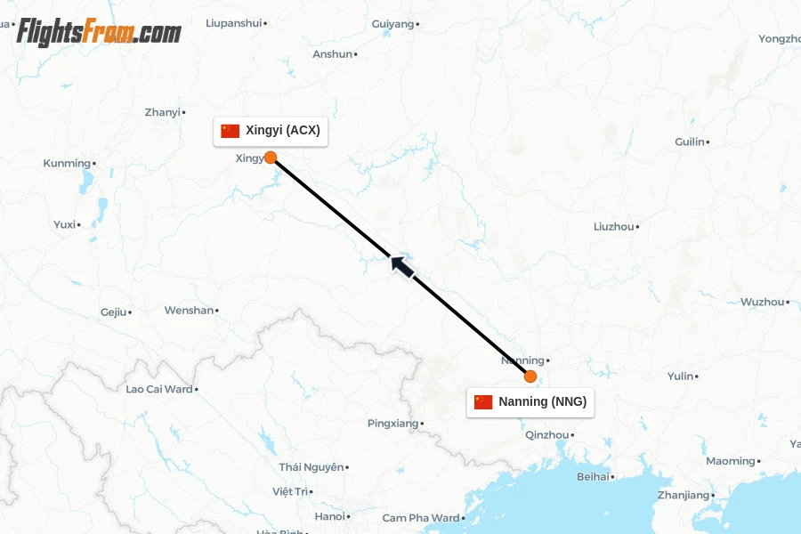 Flights from Nanning to Xingyi route map