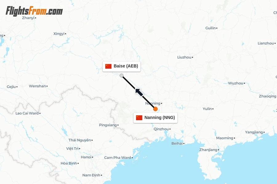 Flights from Nanning to Baise route map