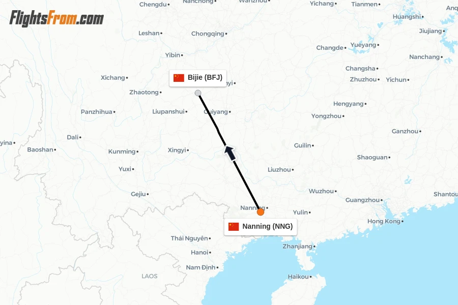 Flights from Nanning to Bijie route map