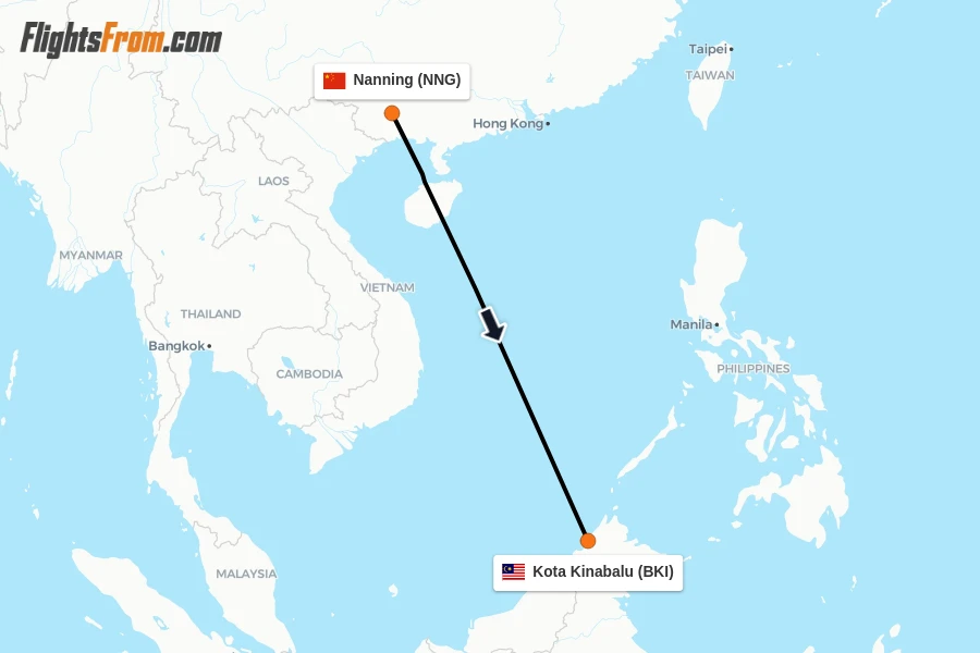 Flights from Nanning to Kota Kinabalu route map