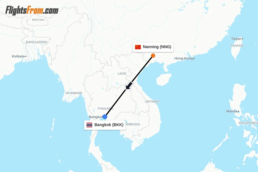 Flights from Nanning to Bangkok route map