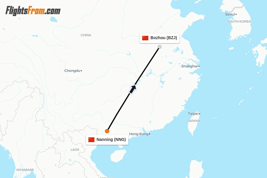 Flights from Nanning to Bozhou route map