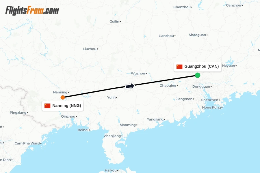 Flights from Nanning to Guangzhou route map