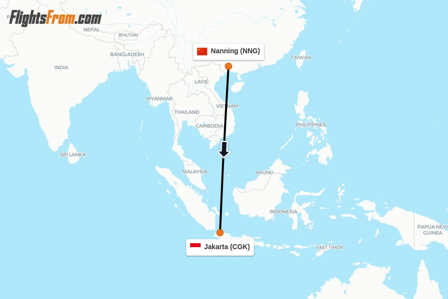 Flights from Nanning to Jakarta route map