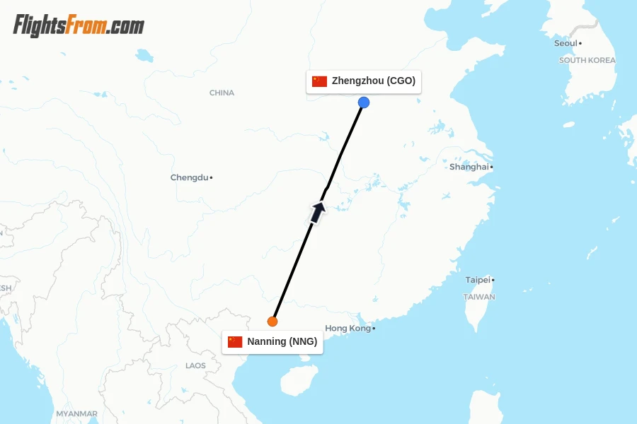 Flights from Nanning to Zhengzhou route map
