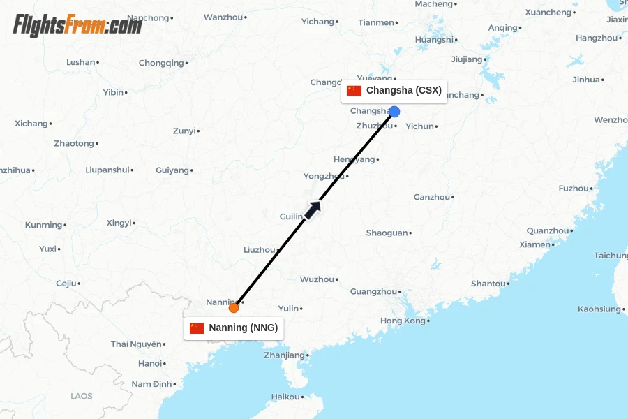 Flights from Nanning to Changsha route map