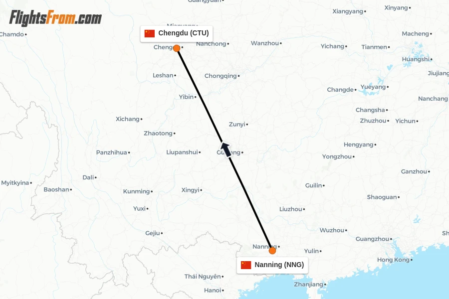 Flights from Nanning to Chengdu route map