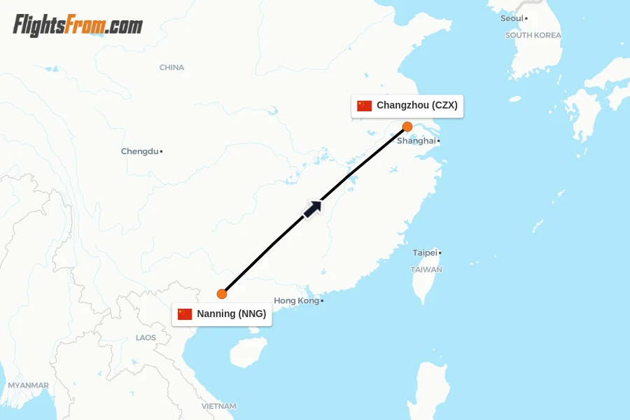 Flights from Nanning to Changzhou route map