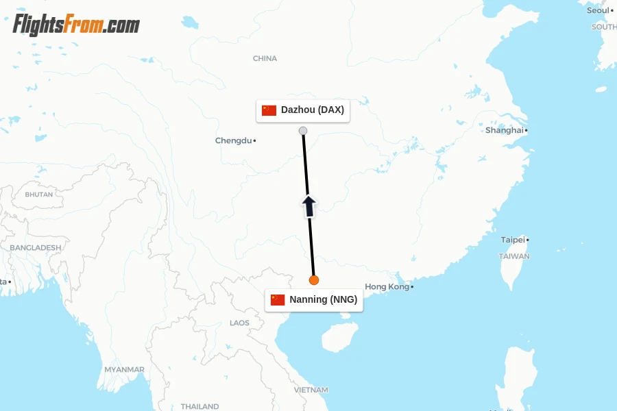 Flights from Nanning to Dazhou route map
