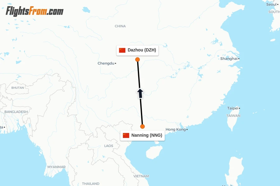 Flights from Nanning to Dazhou route map