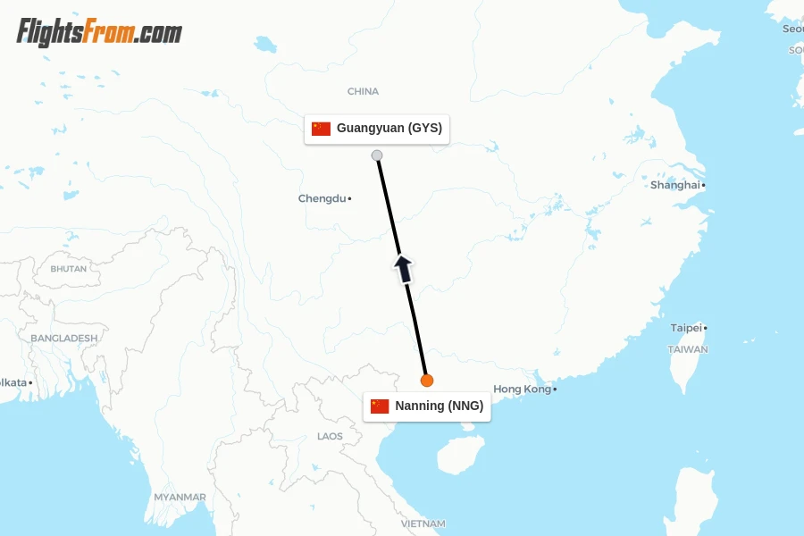 Flights from Nanning to Guangyuan route map