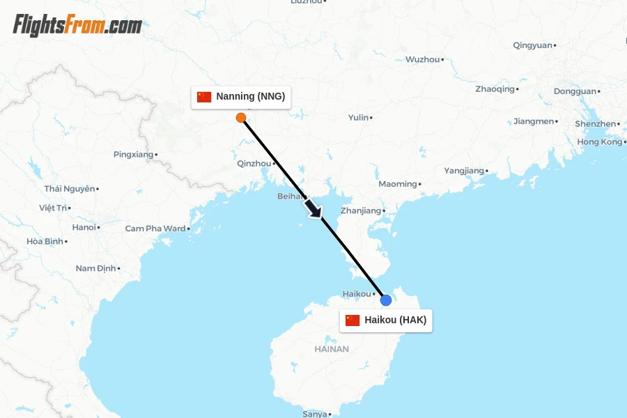 Flights from Nanning to Haikou route map