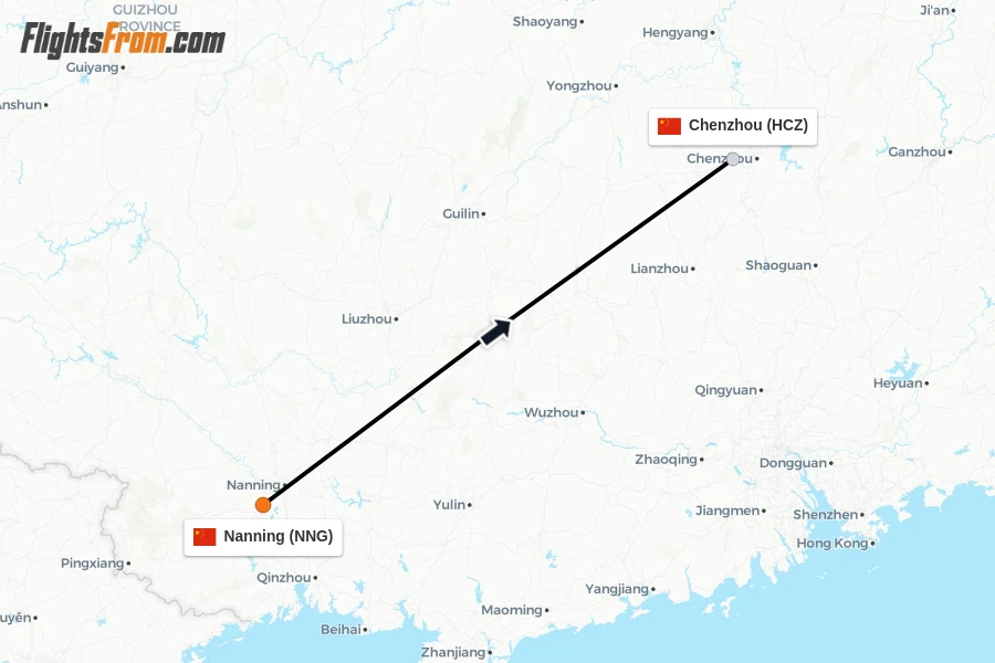 Flights from Nanning to Chenzhou route map