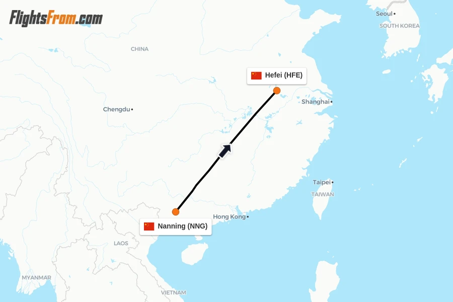 Flights from Nanning to Hefei route map